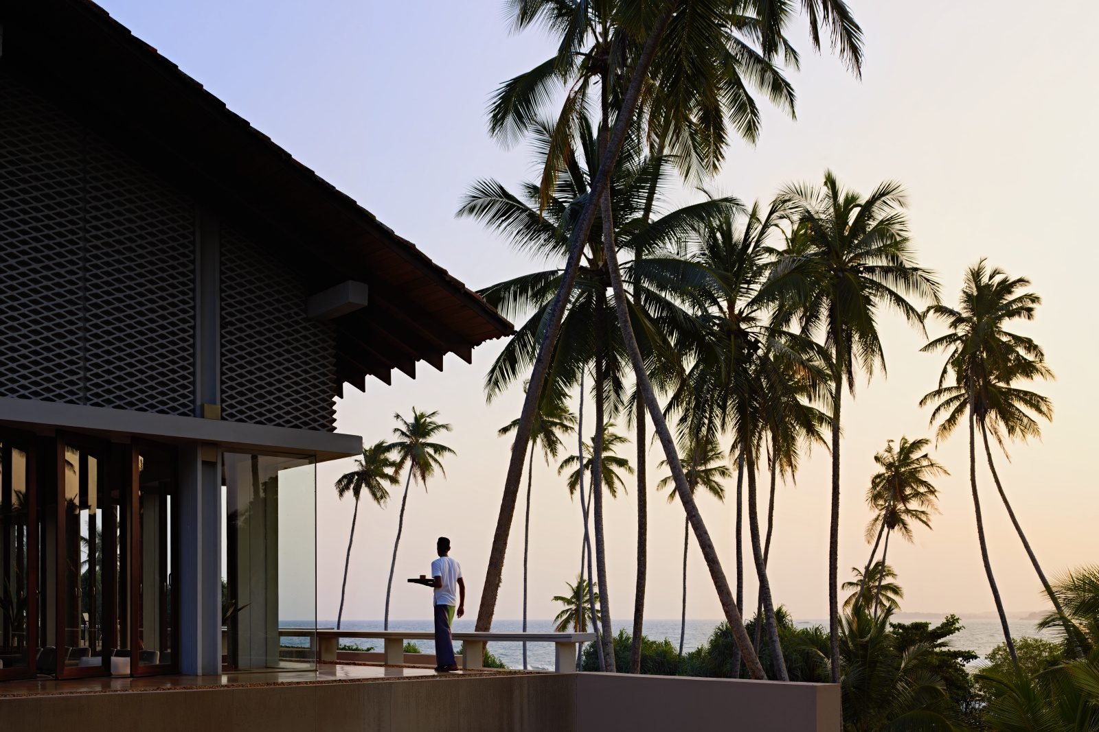 Modern beachfront villa with palm trees overlooking the ocean at sunset in Sri Lanka